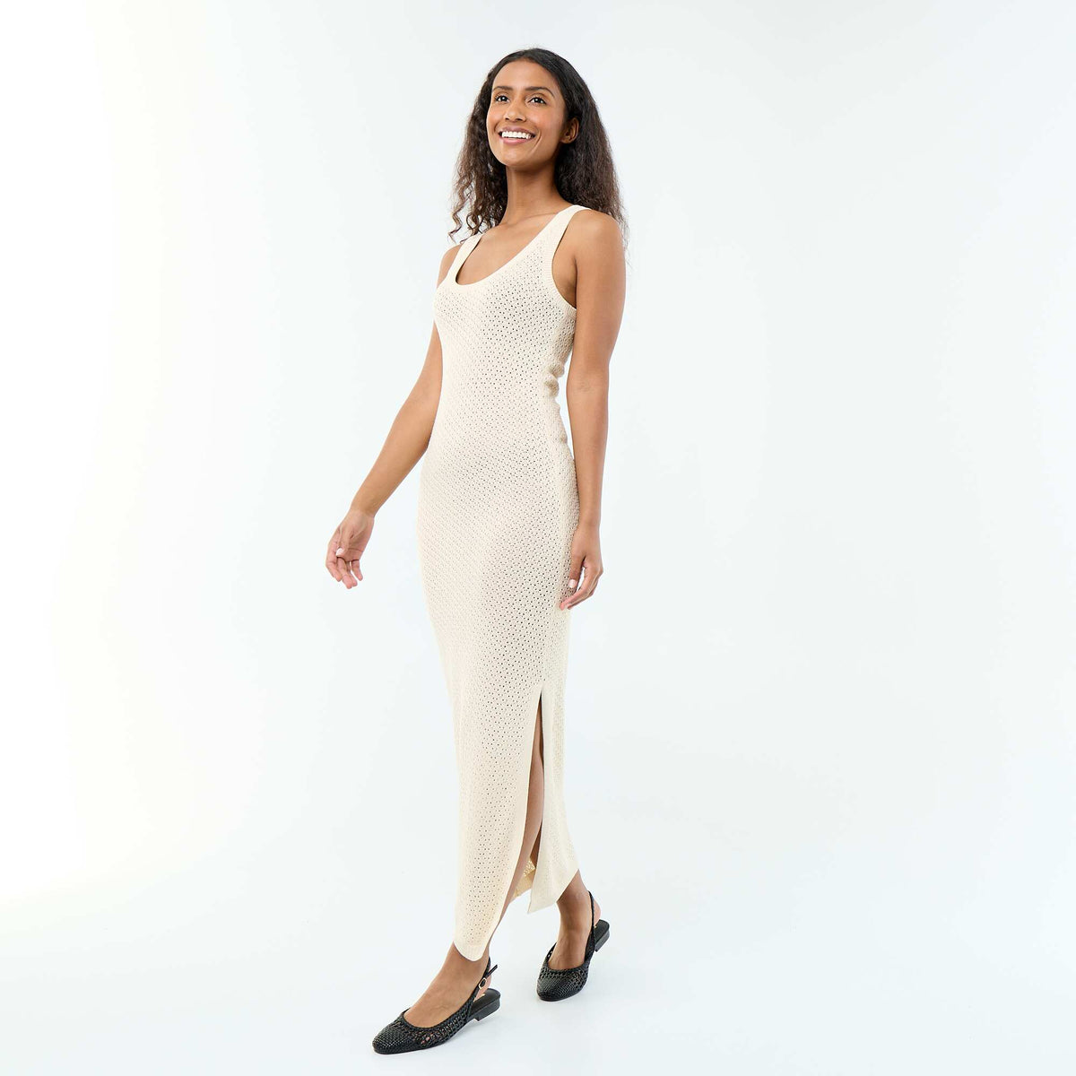 Robe longue de plage en maille crochet BEIGE