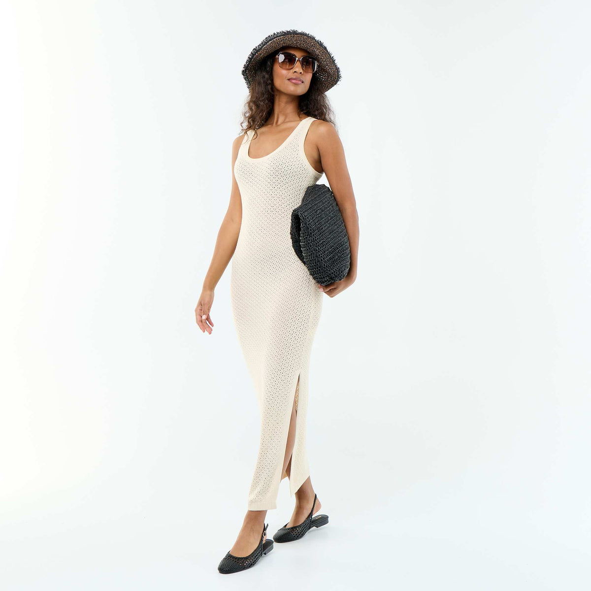 Robe longue de plage en maille crochet BEIGE