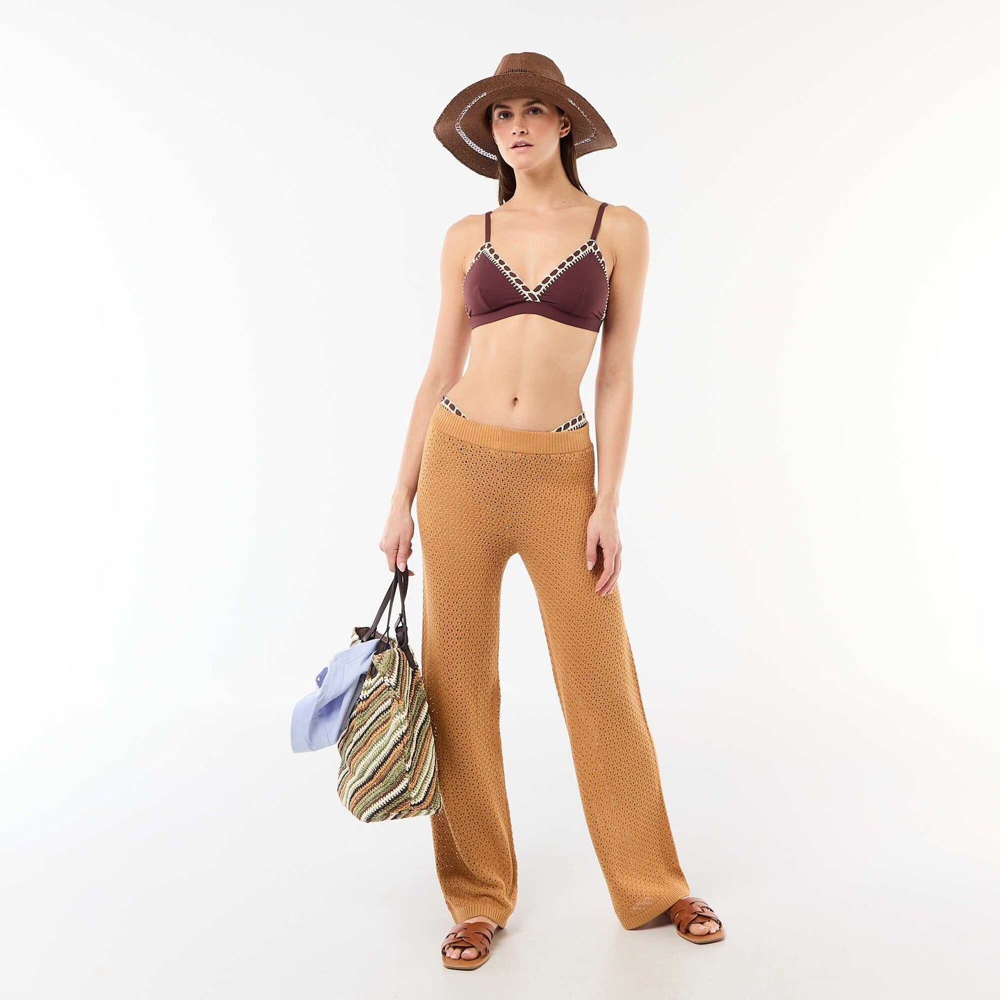 Pantalon de plage en maille crochet MARRON