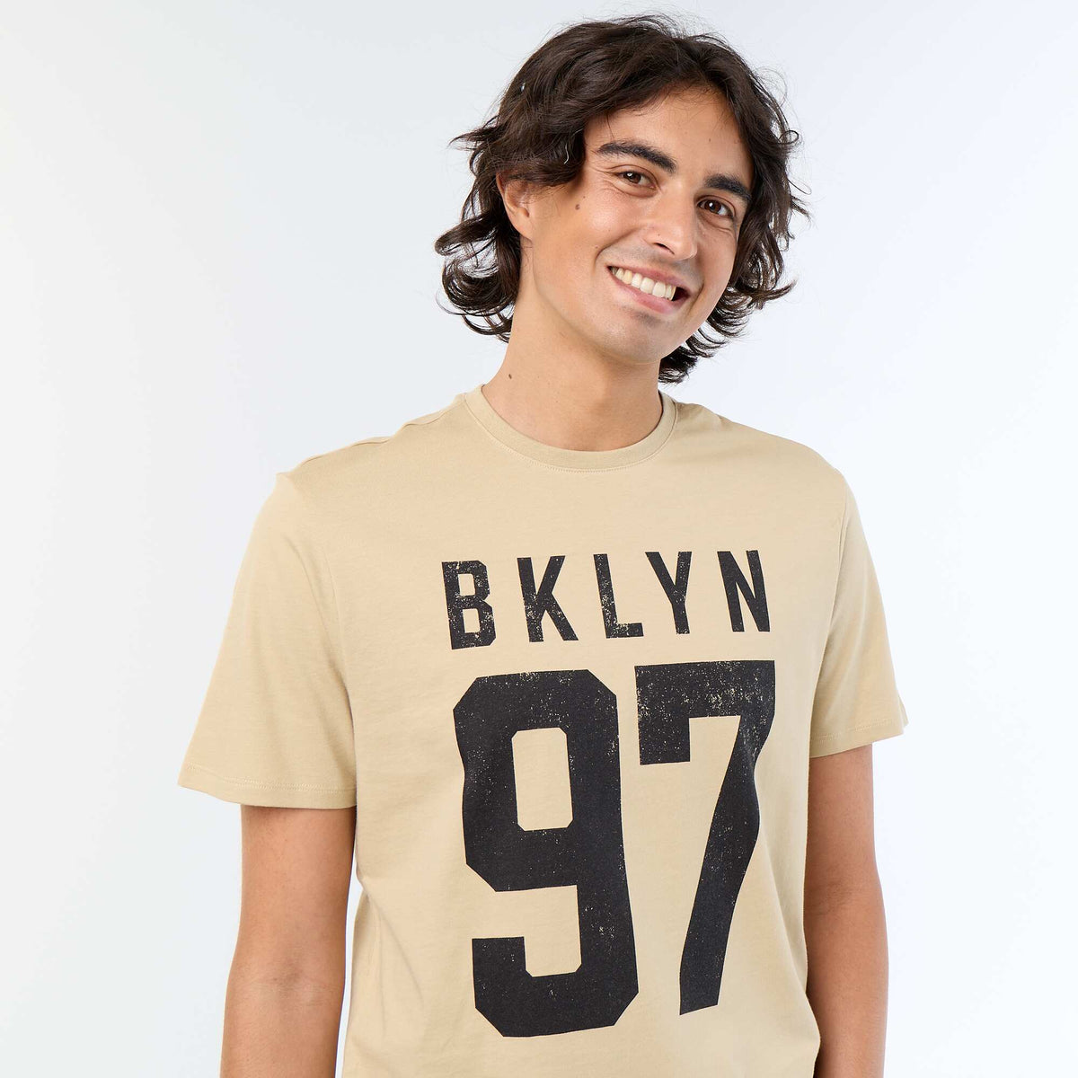 T-shirt en coton à col rond imprimé pour homme BEIGE
