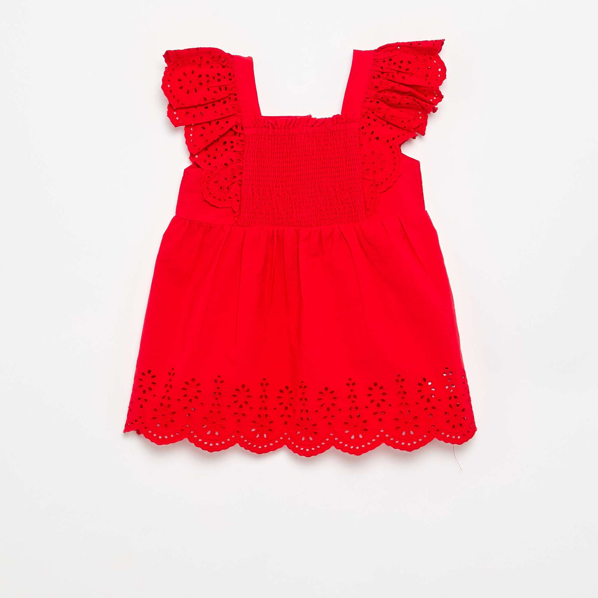 Robe unie en popeline avec broderies anglaises ROUGE