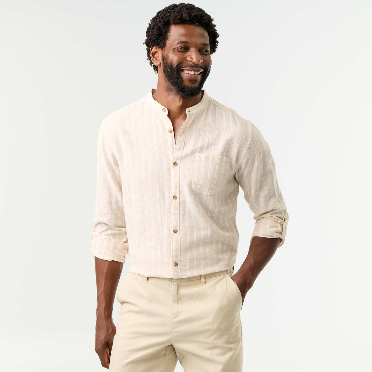 Chemise rayée à manches longues retroussables BEIGE