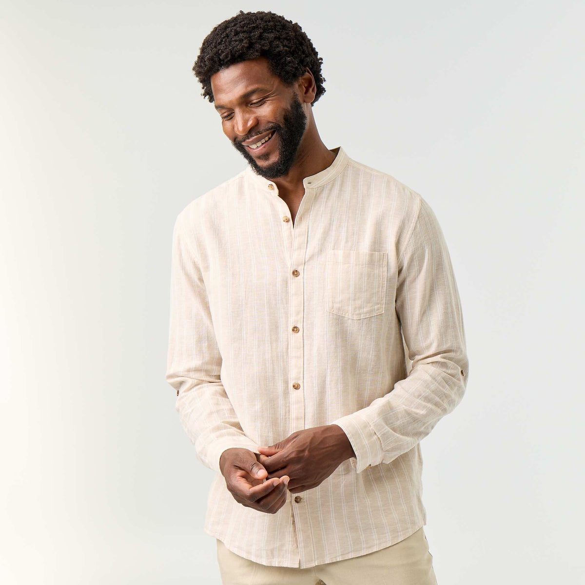 Chemise rayée à manches longues retroussables BEIGE