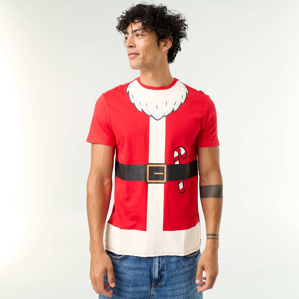 T-shirt en coton à col rond pour homme avec motif de Noël ROUGE