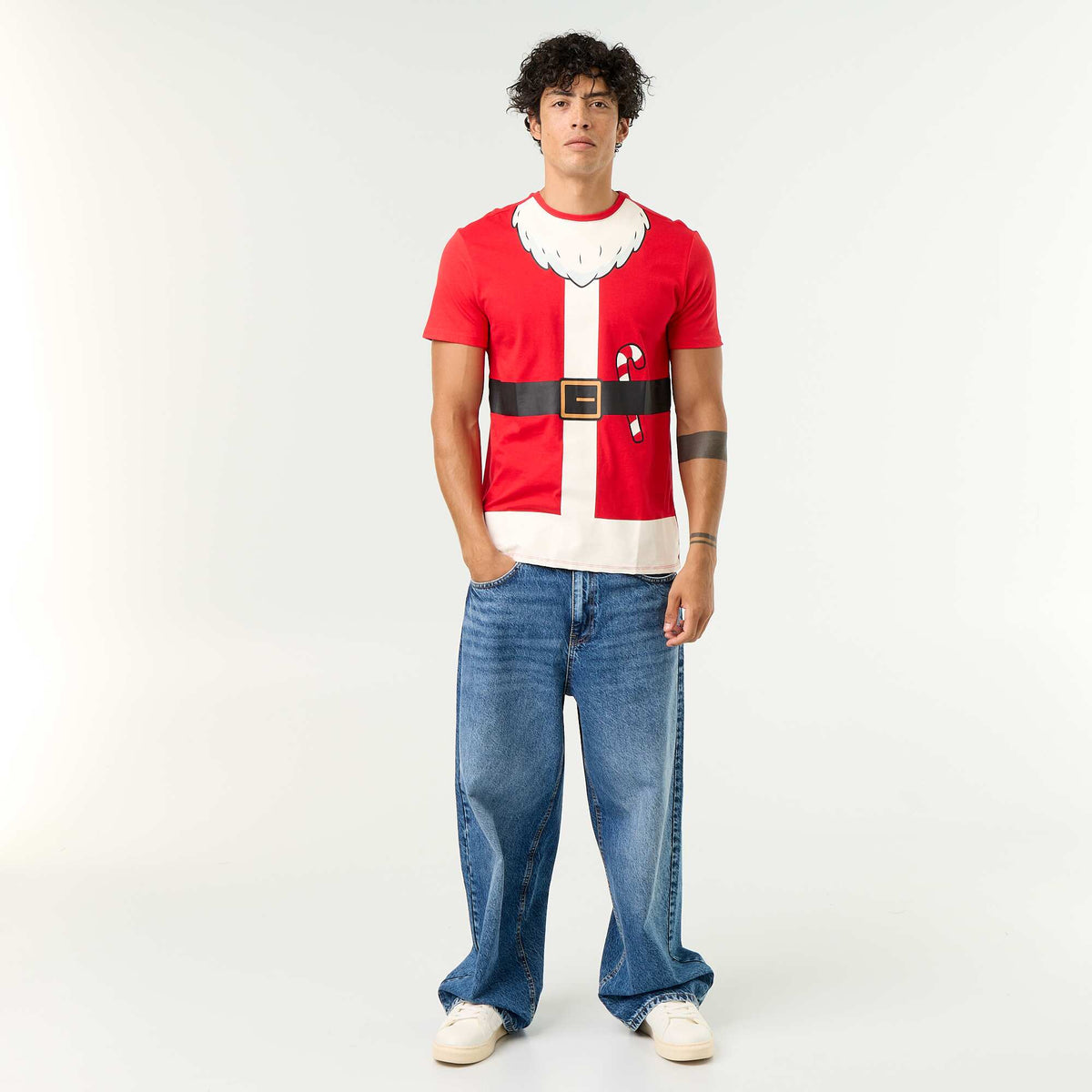 T-shirt en coton à col rond pour homme avec motif de Noël ROUGE