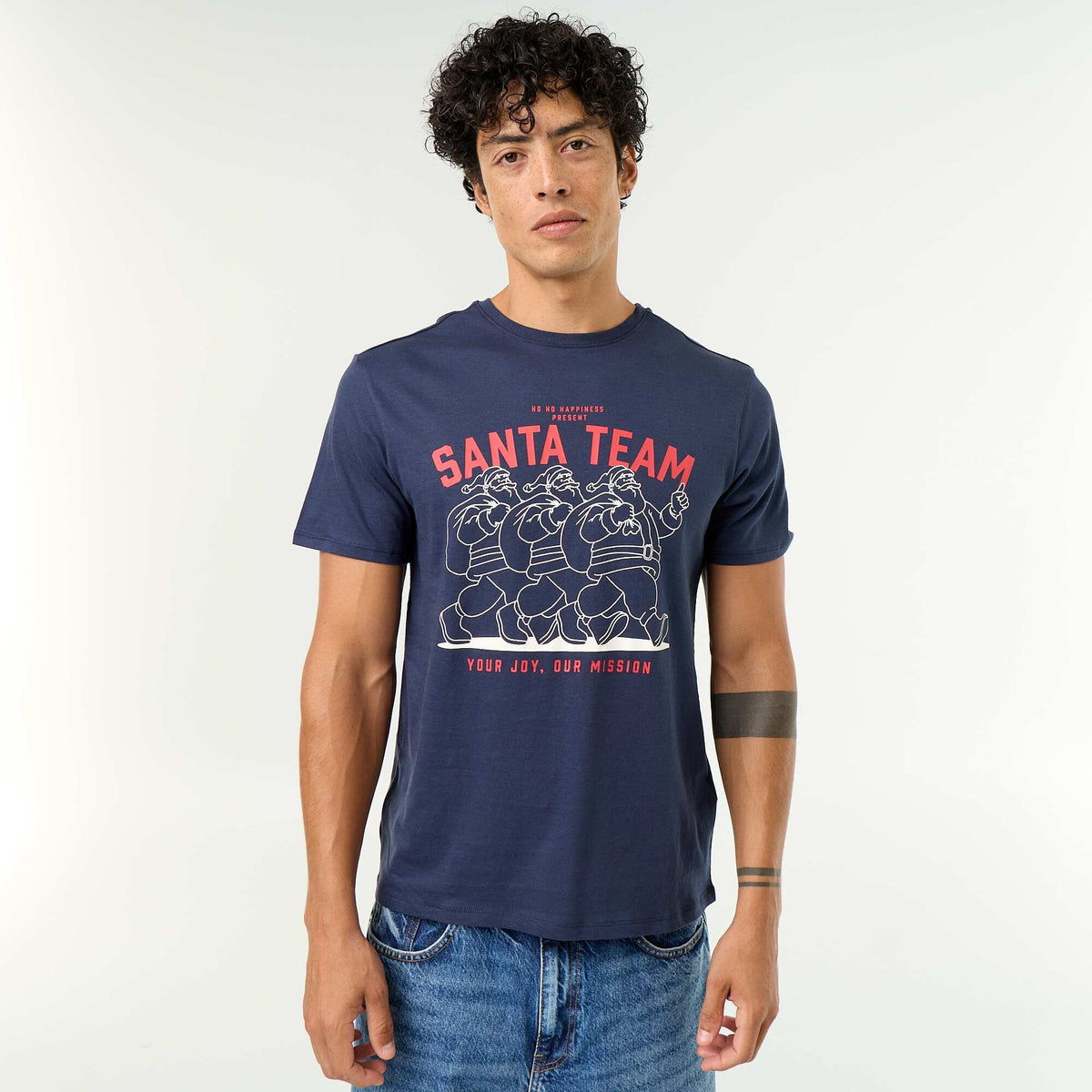 T-shirt en coton pour homme à col rond avec motif de Noël BLEU