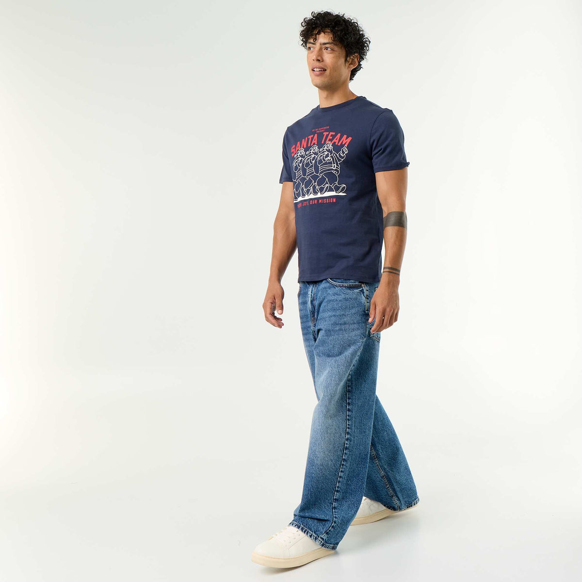 T-shirt en coton pour homme à col rond avec motif de Noël BLEU