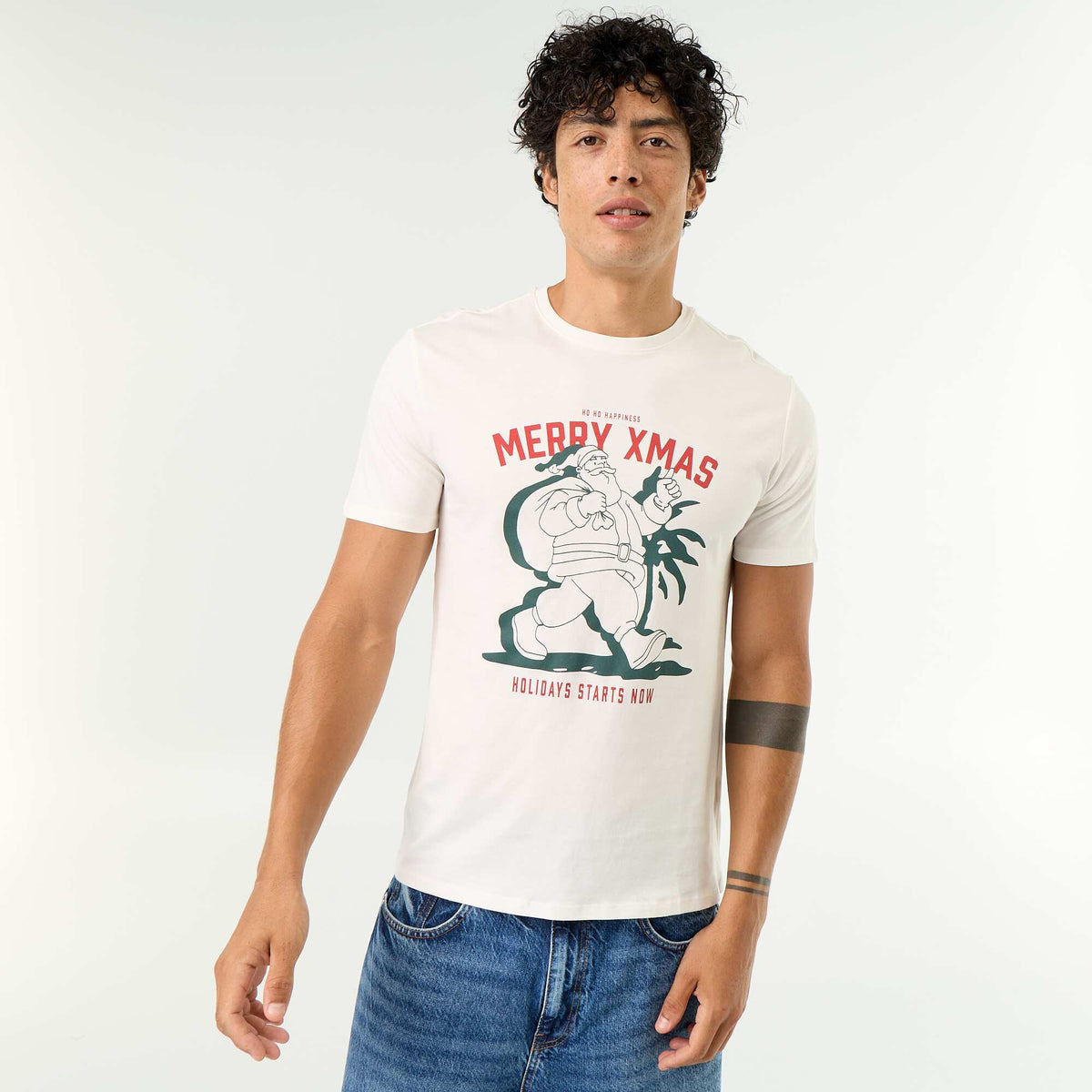 T-shirt homme en coton à col rond avec motif de Noël BLANC