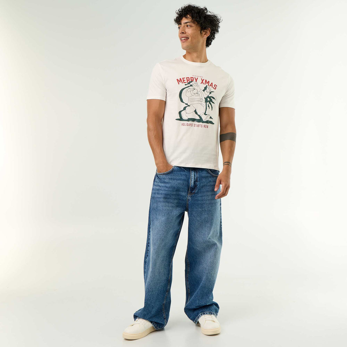 T-shirt homme en coton à col rond avec motif de Noël BLANC