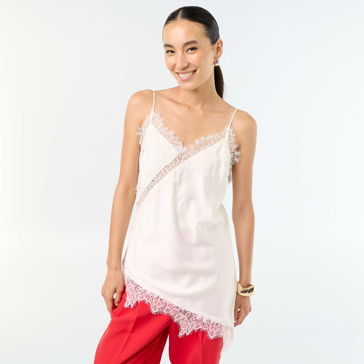 Top satiné asymétrique avec dentelle BLANC