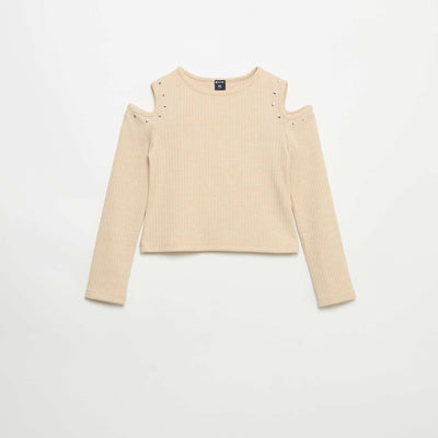 T-shirt côtelé à épaules dénudées BEIGE