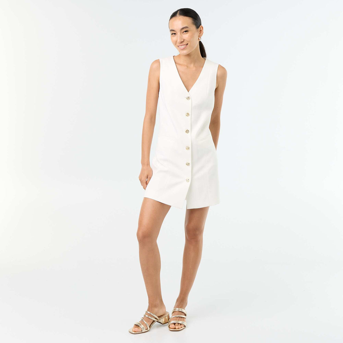Robe veste sans manches boutons dorés BLANC