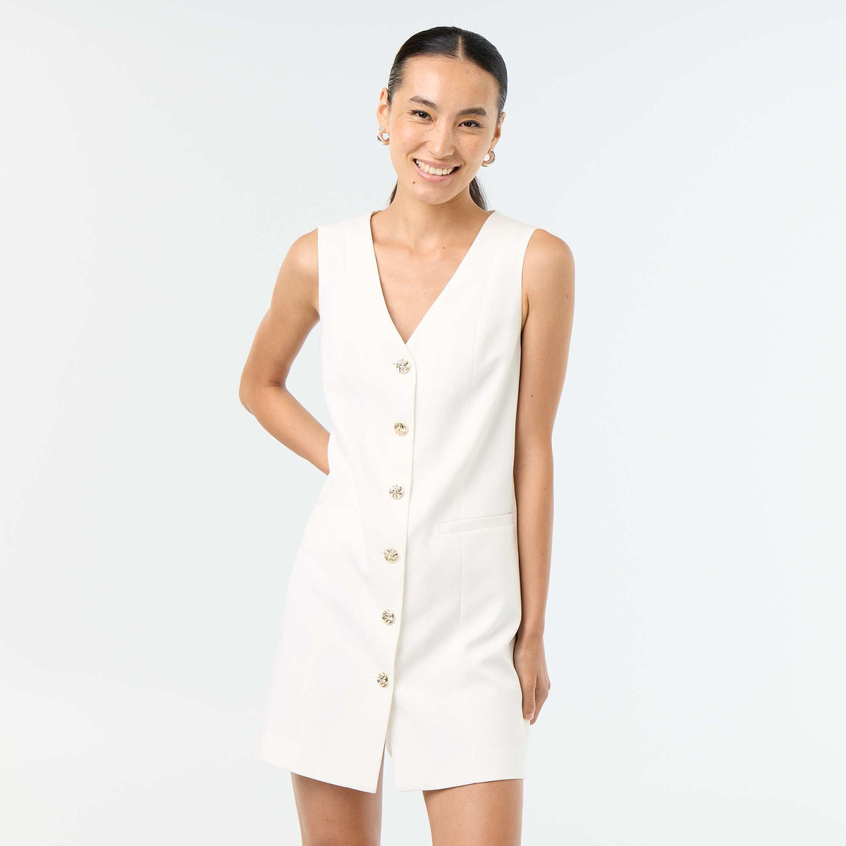 Robe veste sans manches boutons dorés BLANC