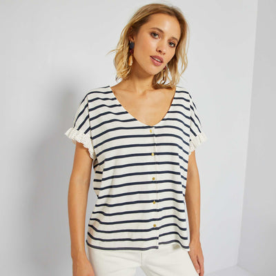 Tee-shirt marinière avec manches brodées Blanc/noir