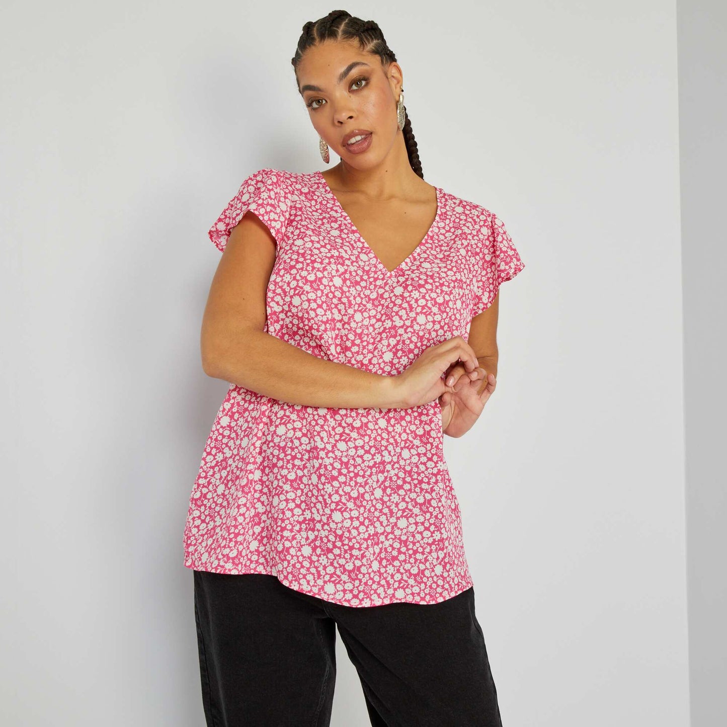 Blouse col V avec imprimé Rose