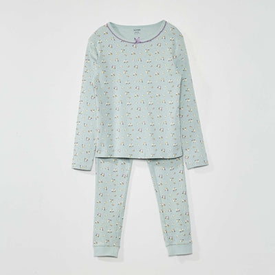 Pyjama long fleuri - 2 pièces Bleu