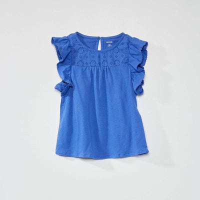 T-shirt à col rond avec broderie anglaise bleu