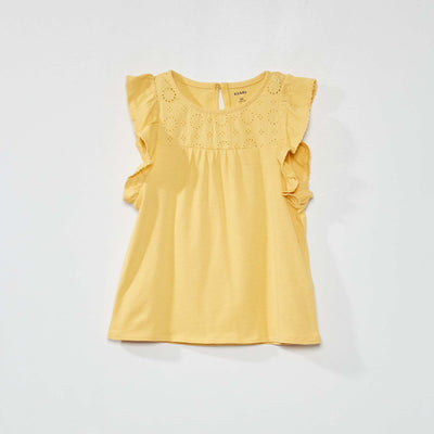 T-shirt à col rond avec broderie anglaise jaune