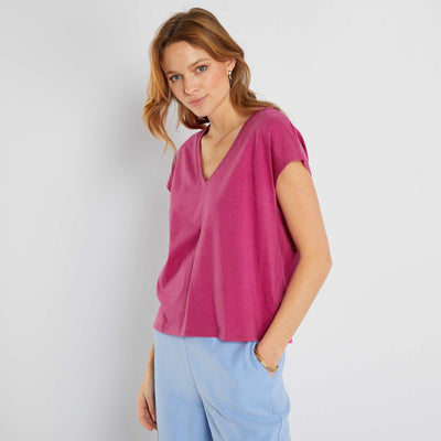 T-shirt col V en coton Rose fushia
