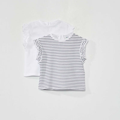 Lot de 2 tee-shirts avec fronces volantées Blanc/rayé