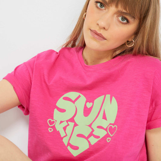 Tee-shirt message 'sun kiss' Rose fuchsia