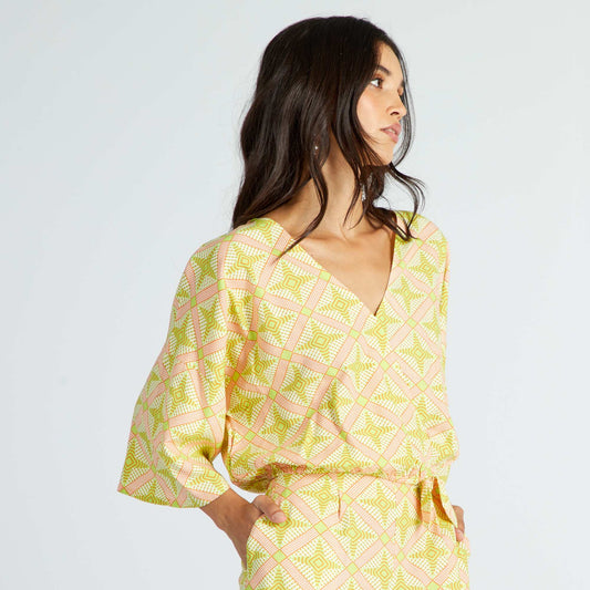 Blouse cache-coeur à manches longues avec imprimé Jaune