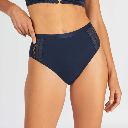 Culotte taille haute microfibre et dentelle bleu marine