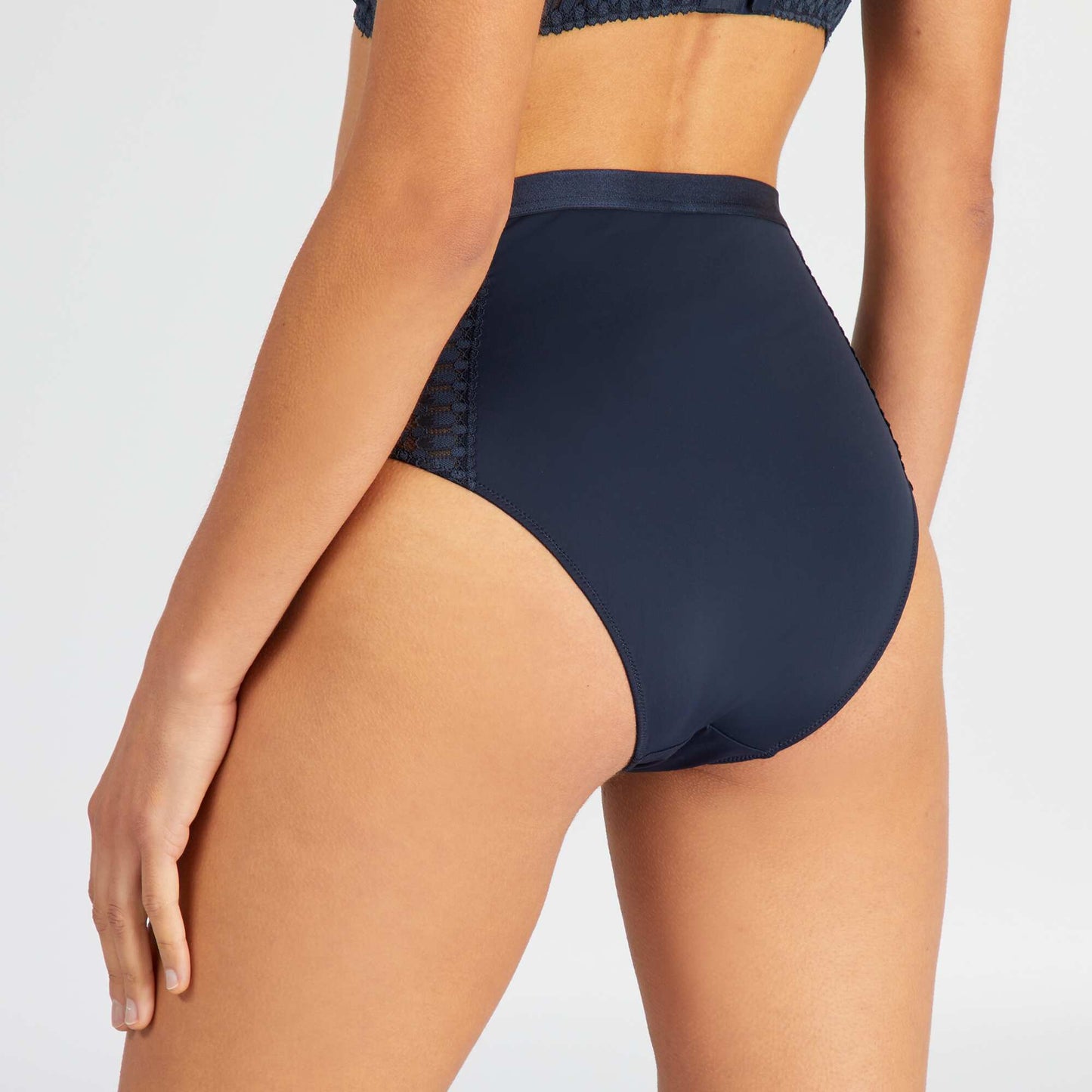 Culotte taille haute microfibre et dentelle bleu marine