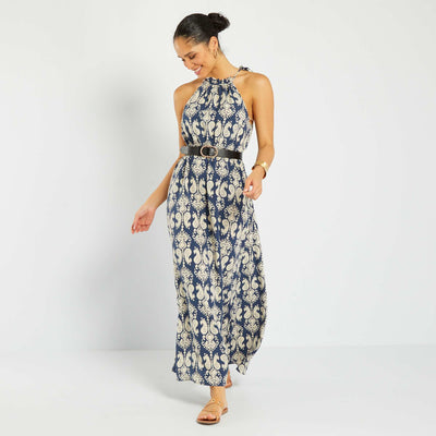Robe longue imprimée avec col américain Bleu
